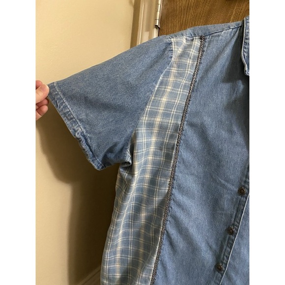 Vintage Alexa EM 80s Denim Button Down Short Sleeve Shirt Plaid Embellished XL - Picture 3 of 9
